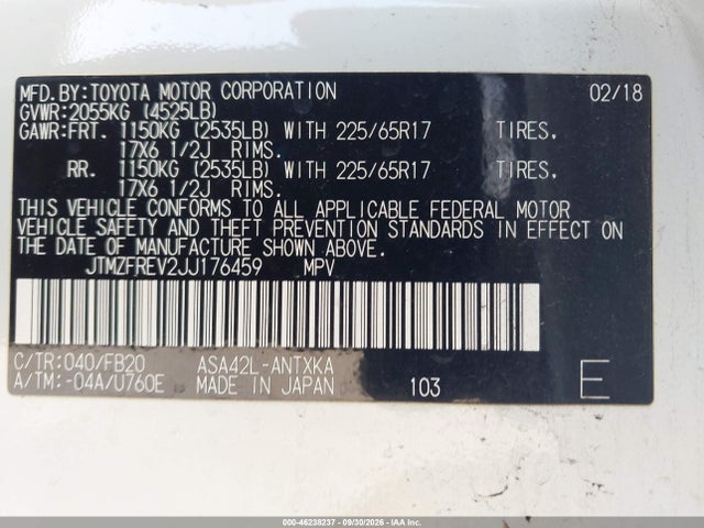 Продаж на аукціоні авто 2018 Toyota Rav4 Le, vin: JTMZFREV2JJ176459, номер лоту: 46238237