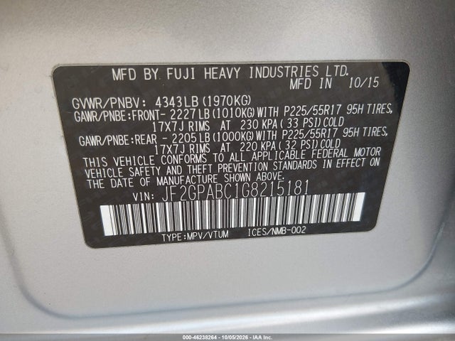 Aukcja sprzedaży 2016 Subaru Crosstrek Premium, vin: JF2GPABC1G8215181, numer aukcji: 46238264