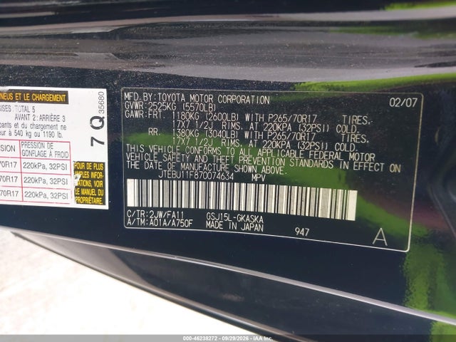 Aukcja sprzedaży 2007 Toyota Fj Cruiser, vin: JTEBU11F870074634, numer aukcji: 46238272