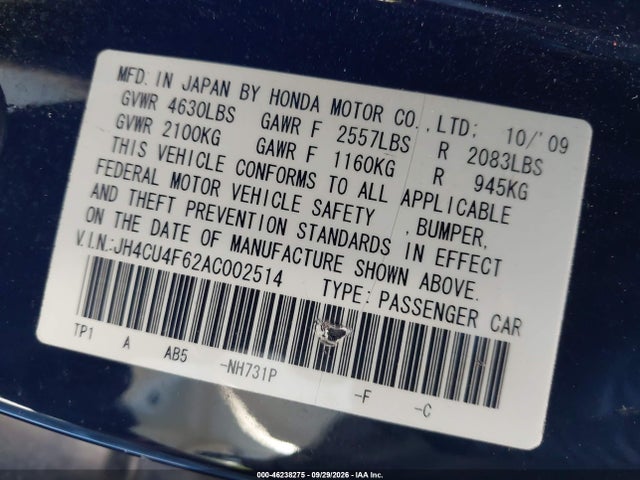 2010 Acura Tsx 3.5 მანქანა იყიდება აუქციონზე, vin: JH4CU4F62AC002514, აუქციონის ნომერი: 46238275