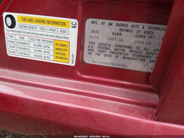 Aukcja sprzedaży 2007 Chevrolet Aveo Ls, vin: KL1TD56667B100782, numer aukcji: 46238292