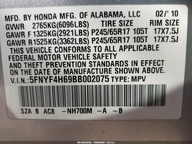 46238294 :رقم المزاد ، 5FNYF4H69BB002075 vin ، 2011 Honda Pilot Ex-l مزاد بيع