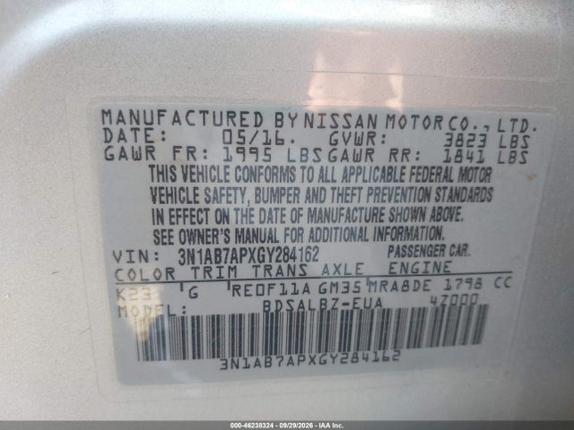 Продажа на аукционе авто 2016 Nissan Sentra S, vin: 3N1AB7APXGY284162, номер лота: 46238324