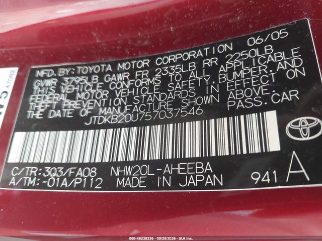 46238336 :رقم المزاد ، JTDKB20U757037546 vin ، 2005 Toyota Prius مزاد بيع