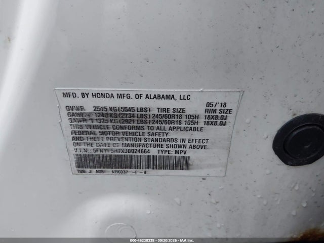 Aukcja sprzedaży 2018 Honda Pilot Ex-l, vin: 5FNYF5H7XJB024664, numer aukcji: 46238338