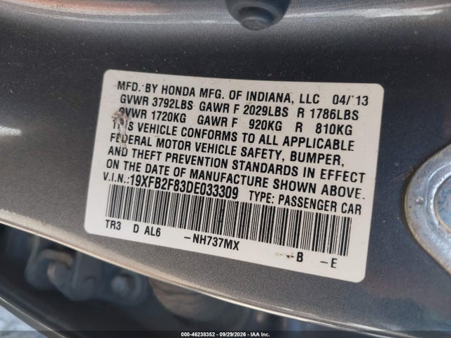 2013 Honda Civic Ex მანქანა იყიდება აუქციონზე, vin: 19XFB2F83DE033309, აუქციონის ნომერი: 46238352