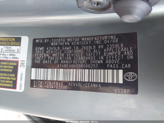 Продажа на аукционе авто 2009 Toyota Camry Le, vin: 4T4BE46K09R066257, номер лота: 46238385