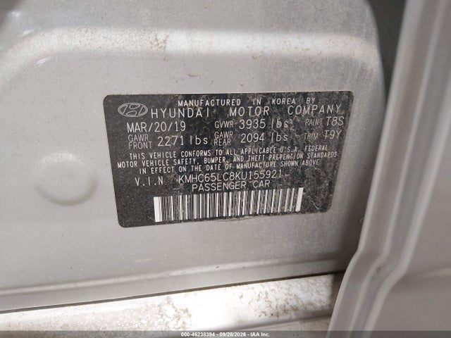 2019 Hyundai Ioniq Hybrid Blue მანქანა იყიდება აუქციონზე, vin: KMHC65LC8KU155921, აუქციონის ნომერი: 46238394