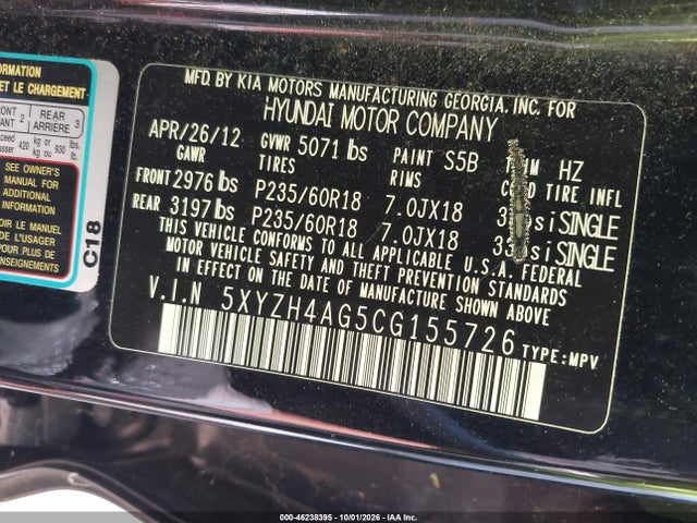46238395 :رقم المزاد ، 5XYZH4AG5CG155726 vin ، 2012 Hyundai Santa Fe Se مزاد بيع