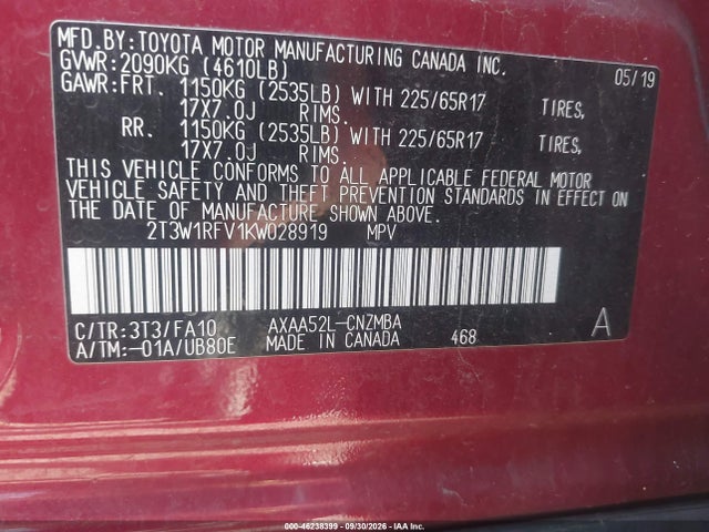 Продажа на аукционе авто 2019 Toyota Rav4 Xle, vin: 2T3W1RFV1KW028919, номер лота: 46238399