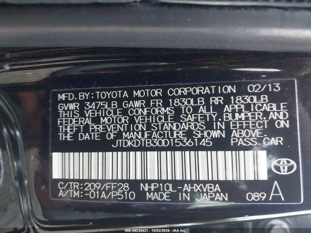 Aukcja sprzedaży 2013 Toyota Prius C Two, vin: JTDKDTB30D1536145, numer aukcji: 46238421
