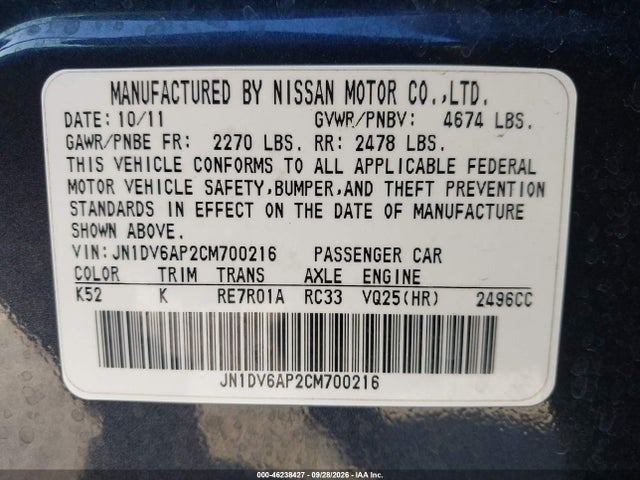 46238427 :رقم المزاد ، JN1DV6AP2CM700216 vin ، 2012 Infiniti G25 Journey مزاد بيع