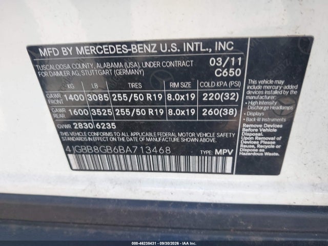 2011 Mercedes-benz Ml 350 4matic მანქანა იყიდება აუქციონზე, vin: 4JGBB8GB6BA713468, აუქციონის ნომერი: 46238431