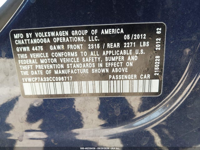 2012 Volkswagen Passat 2.5l Sel Premium მანქანა იყიდება აუქციონზე, vin: 1VWCP7A33CC096717, აუქციონის ნომერი: 46238436