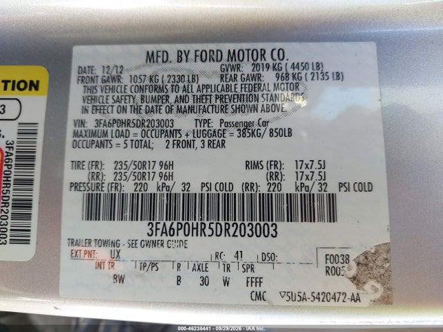 Aukcja sprzedaży 2013 Ford Fusion Se, vin: 3FA6P0HR5DR203003, numer aukcji: 46238441