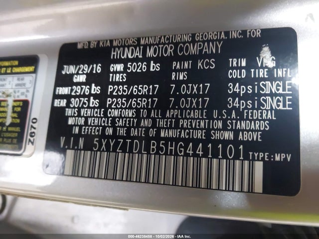 46238458 :رقم المزاد ، 5XYZTDLB5HG441101 vin ، 2017 Hyundai Santa Fe Sport 2.4l مزاد بيع