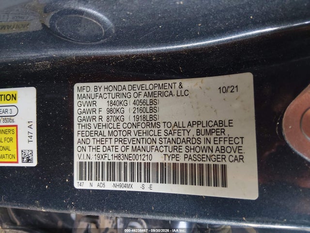 46238467 :رقم المزاد ، 19XFL1H83NE001210 vin ، 2022 Honda Civic Sport Touring مزاد بيع