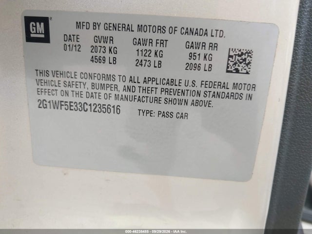Aukcja sprzedaży 2012 Chevrolet Impala Ls, vin: 2G1WF5E33C1235616, numer aukcji: 46238485