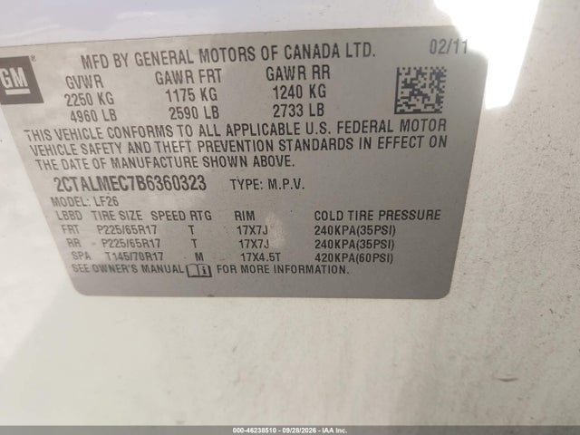 46238510 :رقم المزاد ، 2CTALMEC7B6360323 vin ، 2011 Gmc Terrain Sle-1 مزاد بيع