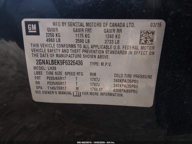 Aukcja sprzedaży 2015 Chevrolet Equinox 1lt, vin: 2GNALBEK9F6326436, numer aukcji: 46238516