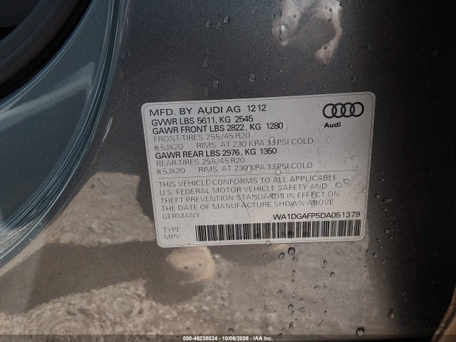 46238524 :رقم المزاد ، WA1DGAFP5DA051379 vin ، 2013 Audi Q5 3.0t Premium Plus مزاد بيع