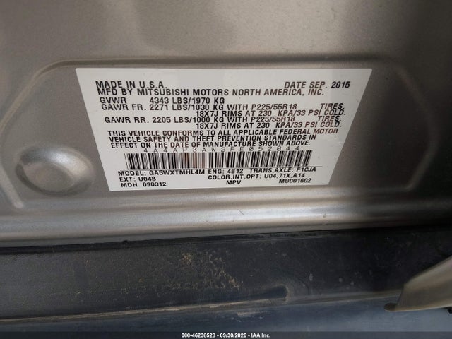 2015 Mitsubishi Outlander Sport Es მანქანა იყიდება აუქციონზე, vin: 4A4AP3AW2FE052044, აუქციონის ნომერი: 46238528