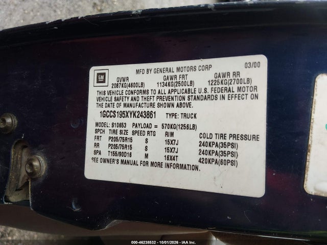 Продажа на аукционе авто 2000 Chevrolet S Truck S10, vin: 1GCCS195XYK243861, номер лота: 46238532