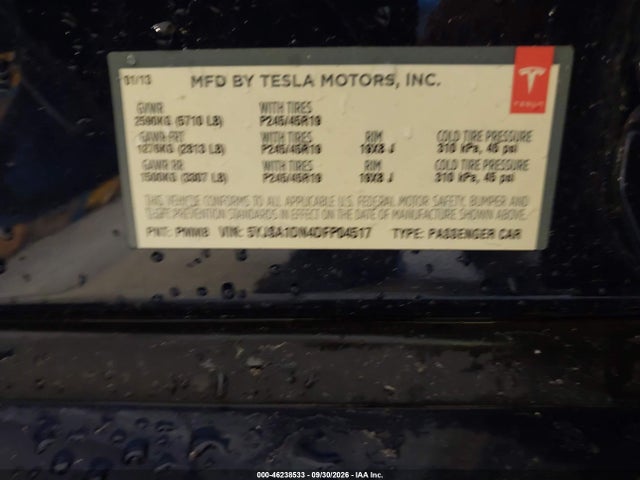 2013 Tesla Model S მანქანა იყიდება აუქციონზე, vin: 5YJSA1DN4DFP04517, აუქციონის ნომერი: 46238533