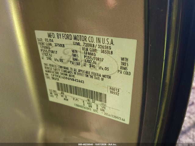 46238540 :رقم المزاد ، 1FTPX14594NB42443 vin ، 2004 Ford F-150 Fx4/lariat/xl/xlt مزاد بيع