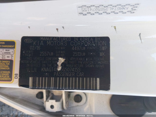 Aukcja sprzedaży 2016 Kia Optima Lx, vin: KNAGT4L35G5074155, numer aukcji: 46238546
