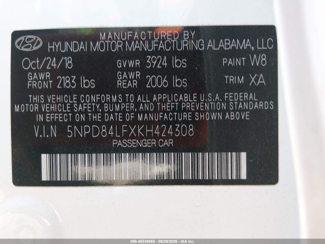 Aukcja sprzedaży 2019 Hyundai Elantra Sel, vin: 5NPD84LFXKH424308, numer aukcji: 46238565