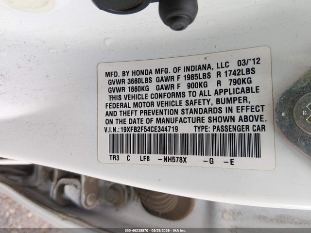 2012 Honda Civic Sdn Lx მანქანა იყიდება აუქციონზე, vin: 19XFB2F54CE344719, აუქციონის ნომერი: 46238570