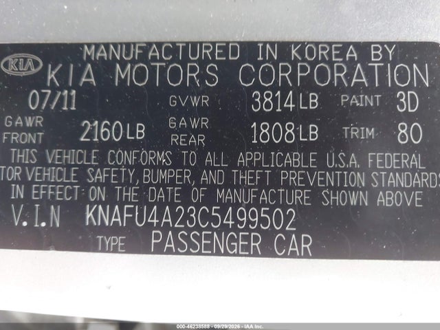 2012 Kia Forte Ex მანქანა იყიდება აუქციონზე, vin: KNAFU4A23C5499502, აუქციონის ნომერი: 46238588
