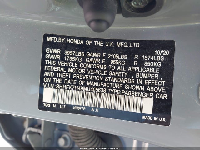 Aukcja sprzedaży 2021 Honda Civic Sport, vin: SHHFK7H49MU405638, numer aukcji: 46238605