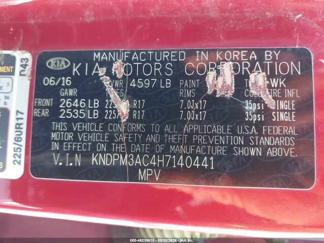 Продаж на аукціоні авто 2017 Kia Sportage Lx, vin: KNDPM3AC4H7140441, номер лоту: 46238615