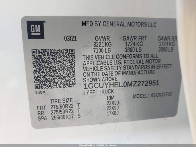 Aukcja sprzedaży 2021 Chevrolet Silverado 1500 4wd  Standard Bed High Country, vin: 1GCUYHEL0MZ272951, numer aukcji: 46238643
