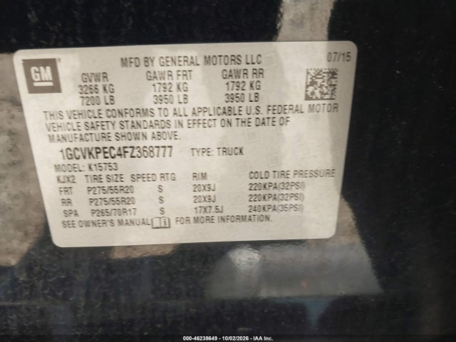 Aukcja sprzedaży 2015 Chevrolet Silverado 1500 Wt, vin: 1GCVKPEC4FZ368777, numer aukcji: 46238649