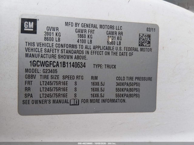Продажа на аукционе авто 2011 Chevrolet Express 2500 Work Van, vin: 1GCWGFCA1B1140634, номер лота: 46238665