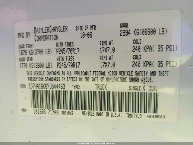 2007 Dodge Ram 1500 St მანქანა იყიდება აუქციონზე, vin: 1D7HA16K67J544463, აუქციონის ნომერი: 46238672