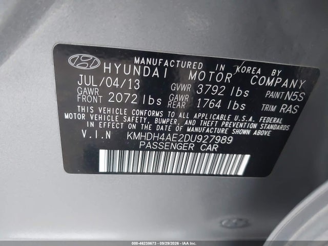 2013 Hyundai Elantra Gls მანქანა იყიდება აუქციონზე, vin: KMHDH4AE2DU927989, აუქციონის ნომერი: 46238673