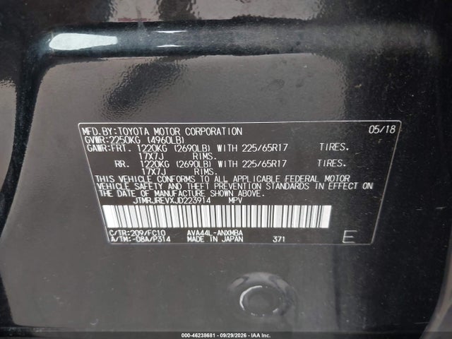 46238681 :رقم المزاد ، JTMRJREVXJD223914 vin ، 2018 Toyota Rav4 Hybrid Xle مزاد بيع