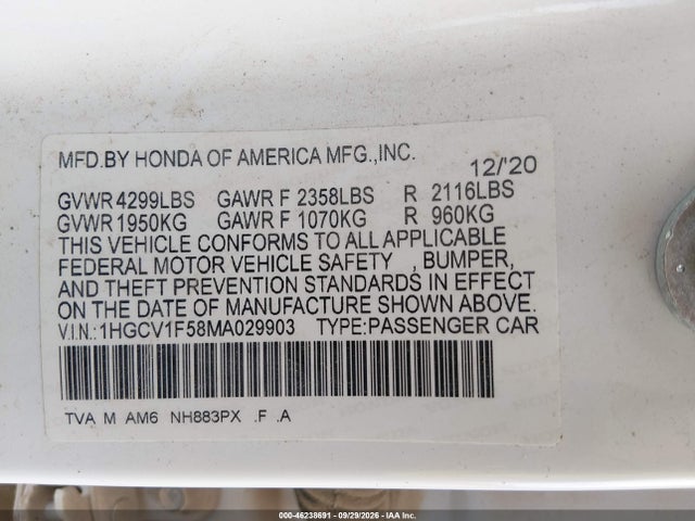 46238691 :رقم المزاد ، 1HGCV1F58MA029903 vin ، 2021 Honda Accord Ex-l مزاد بيع