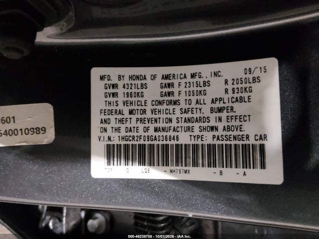 46238705 :رقم المزاد ، 1HGCR2F09GA036846 vin ، 2016 Honda Accord Ex مزاد بيع