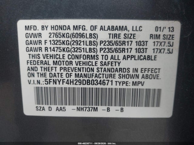 Продаж на аукціоні авто 2013 Honda Pilot Lx, vin: 5FNYF4H29DB034671, номер лоту: 46238711