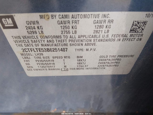 Aukcja sprzedaży 2011 Gmc Terrain Sle-2, vin: 2CTFLTE53B6251407, numer aukcji: 46238719