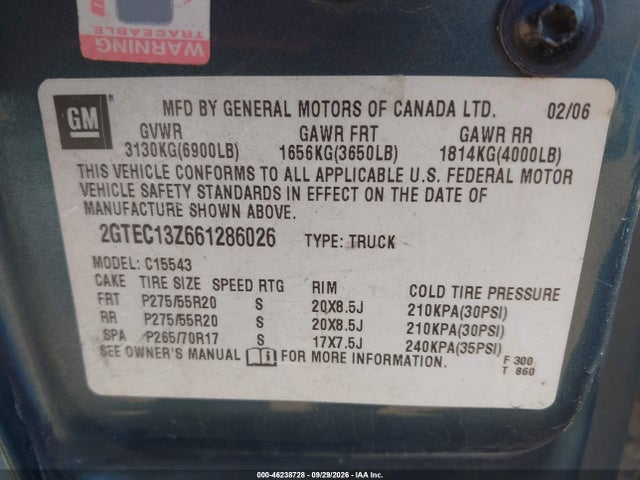 Aukcja sprzedaży 2006 Gmc Sierra 1500 Sle1, vin: 2GTEC13Z661286026, numer aukcji: 46238728