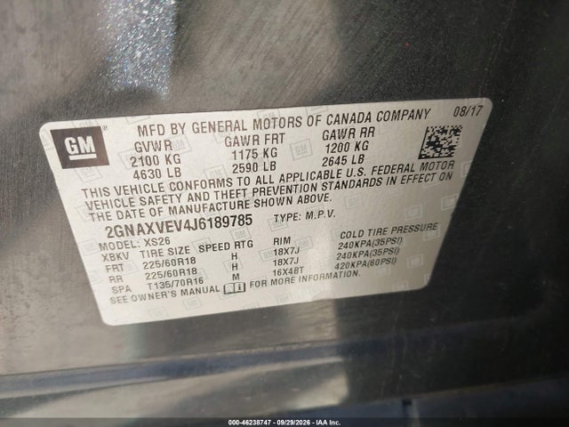 Aukcja sprzedaży 2018 Chevrolet Equinox Premier, vin: 2GNAXVEV4J6189785, numer aukcji: 46238747