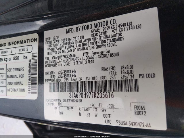 Продажа на аукционе авто 2015 Ford Fusion Se, vin: 3FA6P0H97FR235616, номер лота: 46238751