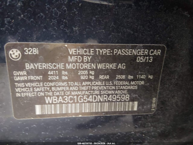2013 Bmw 328i მანქანა იყიდება აუქციონზე, vin: WBA3C1G54DNR49598, აუქციონის ნომერი: 46238755