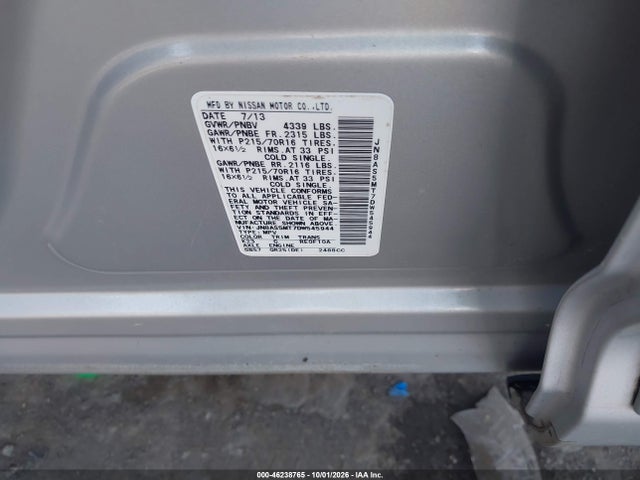 46238765 :رقم المزاد ، JN8AS5MT7DW545944 vin ، 2013 Nissan Rogue S مزاد بيع
